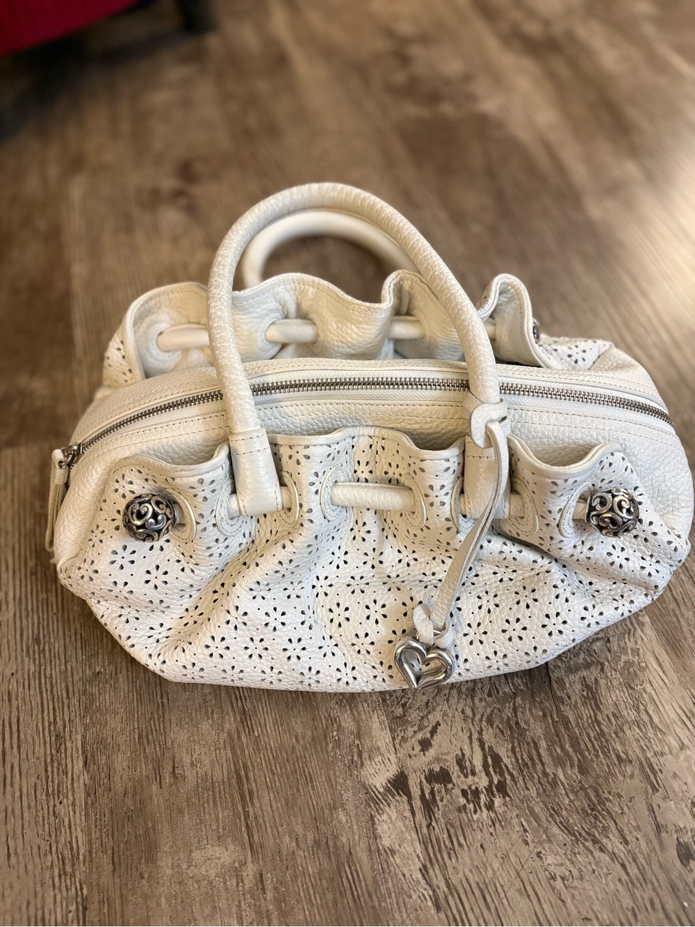 Brighton White Perforated Leather Shoulder Bag with Heart Charm